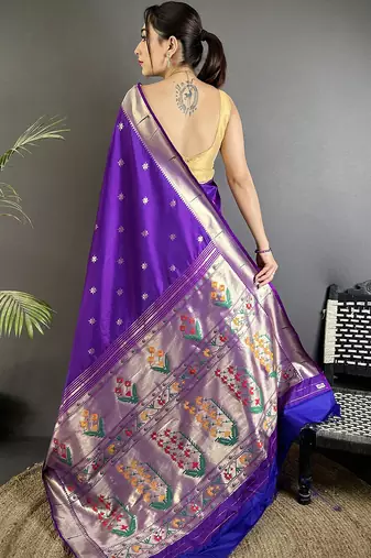 purple lichi silk blend floral ikkat motifs zari weaving paithani saree