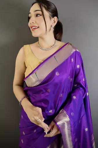 purple lichi silk blend floral ikkat motifs zari weaving paithani saree