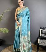sky blue lichi silk blend floral ikkat motifs zari weaving paithani saree