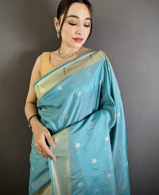 sky blue lichi silk blend floral ikkat motifs zari weaving paithani saree 4