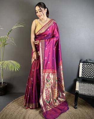 magenta lichi silk blend floral ikkat motifs zari weaving paithani saree 1