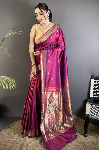 magenta lichi silk blend floral ikkat motifs zari weaving paithani saree