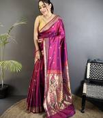 magenta lichi silk blend floral ikkat motifs zari weaving paithani saree