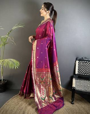 magenta lichi silk blend floral ikkat motifs zari weaving paithani saree 2