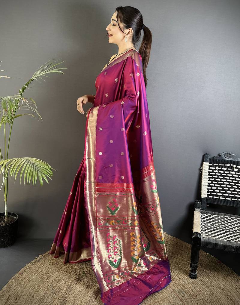 magenta lichi silk blend floral ikkat motifs zari weaving paithani saree
