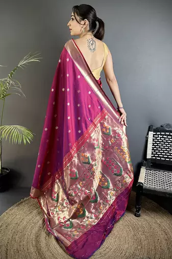 magenta lichi silk blend floral ikkat motifs zari weaving paithani saree
