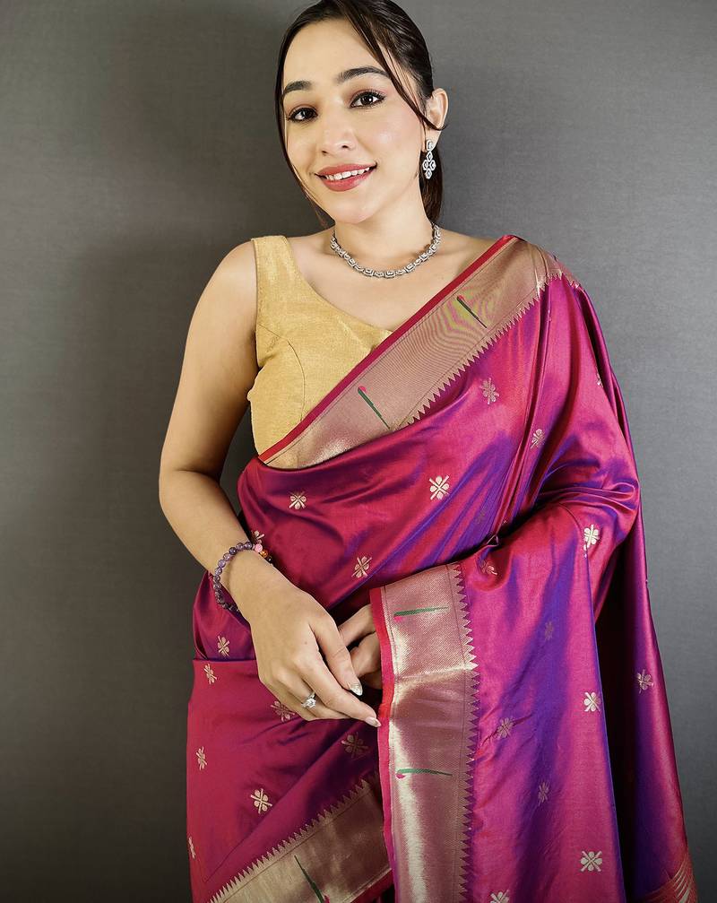 magenta lichi silk blend floral ikkat motifs zari weaving paithani saree