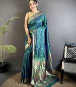 azure turquoise lichi silk blend floral ikkat motifs zari weaving paithani saree
