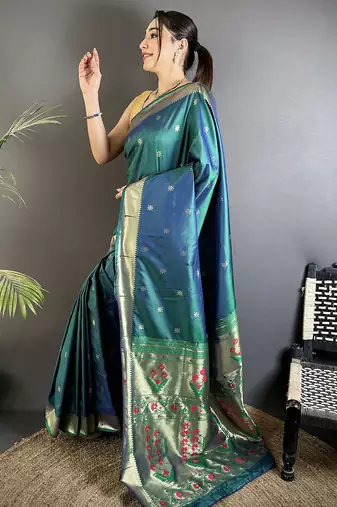azure turquoise lichi silk blend floral ikkat motifs zari weaving paithani saree