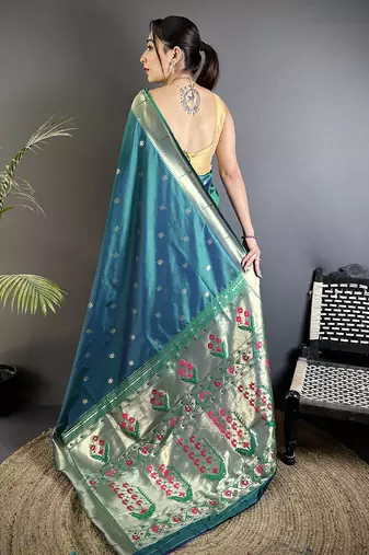 azure turquoise lichi silk blend floral ikkat motifs zari weaving paithani saree