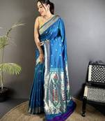 blue lichi silk blend floral ikkat motifs zari weaving paithani saree
