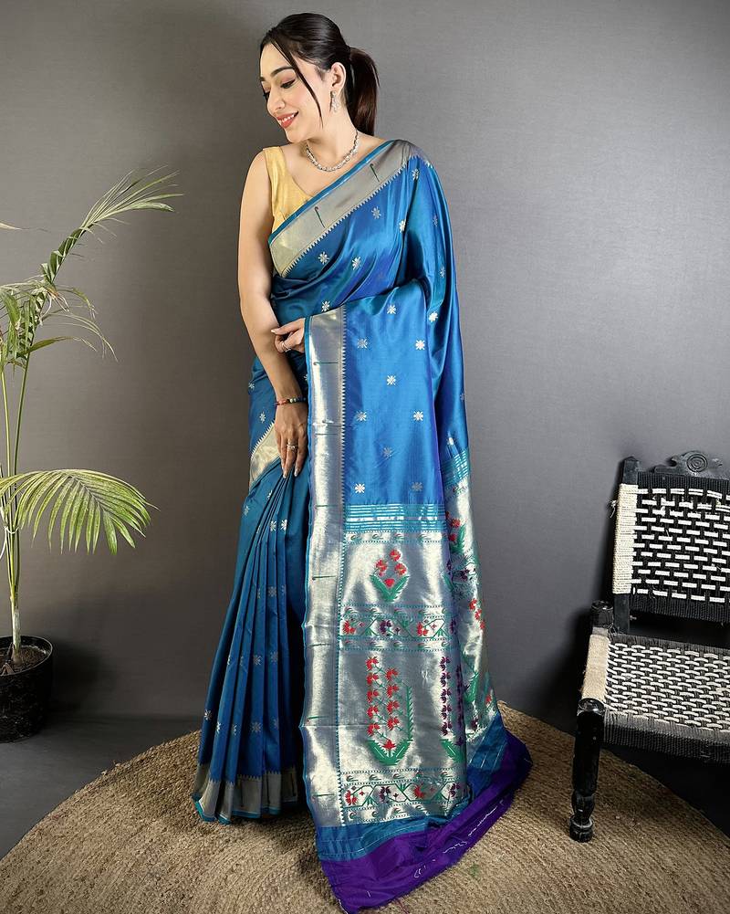 blue lichi silk blend floral ikkat motifs zari weaving paithani saree