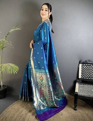 blue lichi silk blend floral ikkat motifs zari weaving paithani saree 2