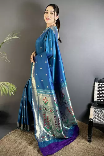 blue lichi silk blend floral ikkat motifs zari weaving paithani saree