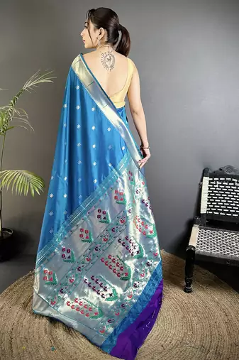 blue lichi silk blend floral ikkat motifs zari weaving paithani saree