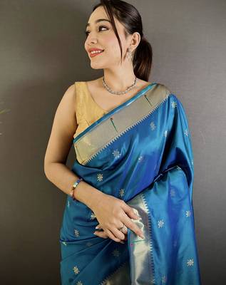 blue lichi silk blend floral ikkat motifs zari weaving paithani saree 4