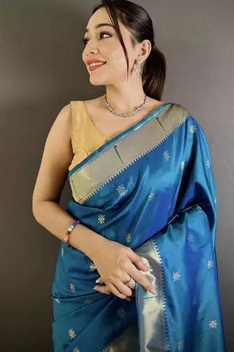 blue lichi silk blend floral ikkat motifs zari weaving paithani saree