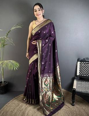 wine lichi silk blend floral ikkat motifs zari weaving paithani saree 1