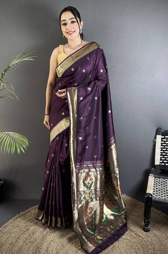 wine lichi silk blend floral ikkat motifs zari weaving paithani saree