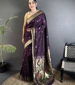 wine lichi silk blend floral ikkat motifs zari weaving paithani saree