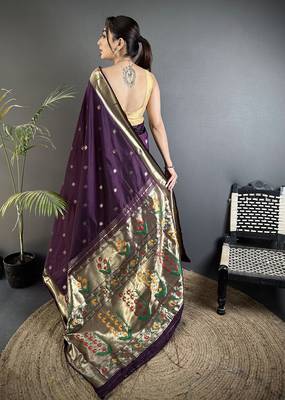 wine lichi silk blend floral ikkat motifs zari weaving paithani saree 3