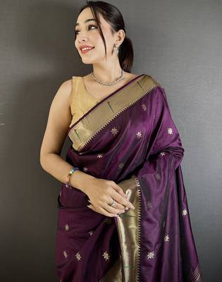 wine lichi silk blend floral ikkat motifs zari weaving paithani saree 4