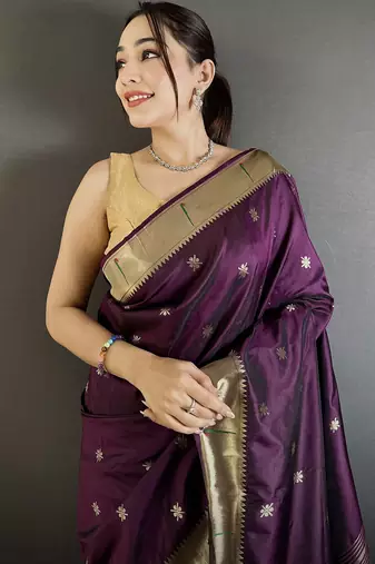 wine lichi silk blend floral ikkat motifs zari weaving paithani saree