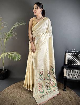 cream lichi silk blend floral ikkat motifs zari weaving paithani saree 1