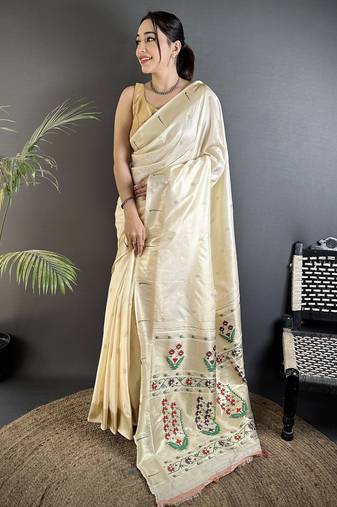 cream lichi silk blend floral ikkat motifs zari weaving paithani saree