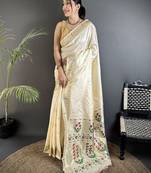 cream lichi silk blend floral ikkat motifs zari weaving paithani saree