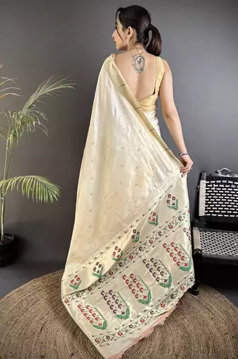 cream lichi silk blend floral ikkat motifs zari weaving paithani saree