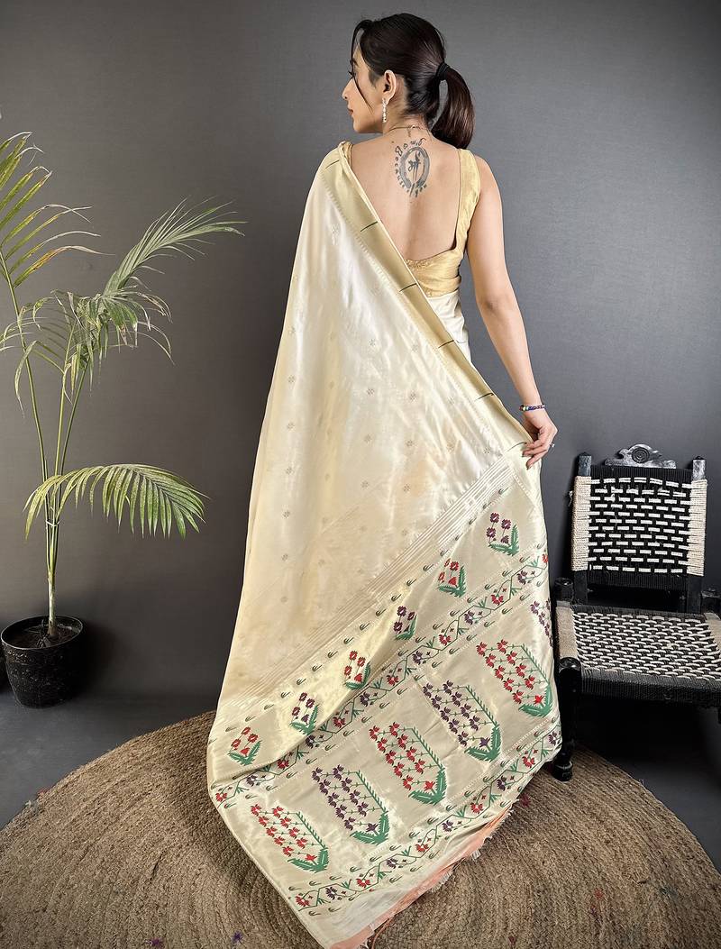 cream lichi silk blend floral ikkat motifs zari weaving paithani saree