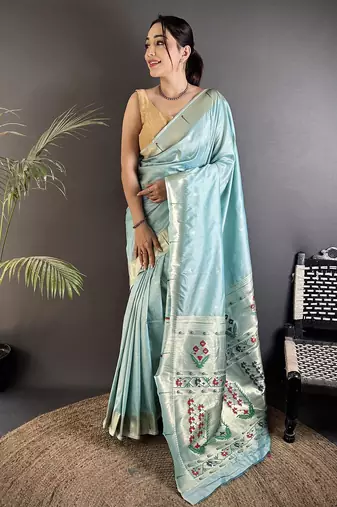 sky blue lichi silk blend floral ikkat motifs zari weaving paithani saree