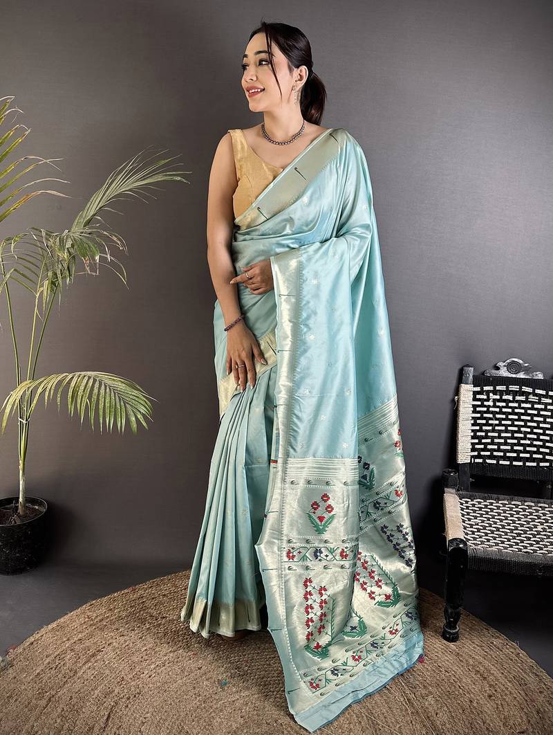 sky blue lichi silk blend floral ikkat motifs zari weaving paithani saree