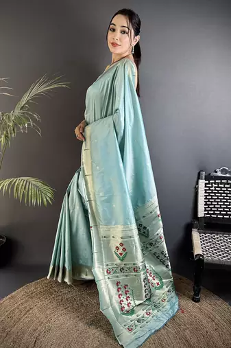 sky blue lichi silk blend floral ikkat motifs zari weaving paithani saree