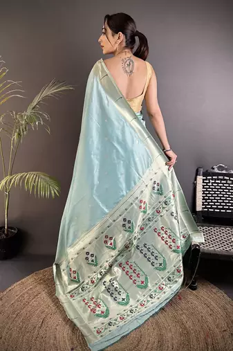 sky blue lichi silk blend floral ikkat motifs zari weaving paithani saree