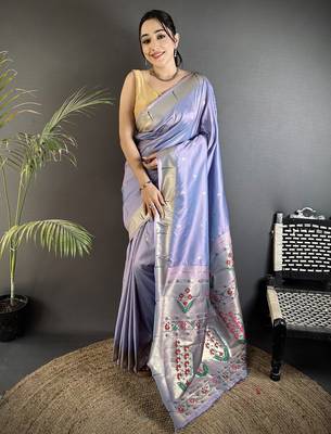 lavender lichi silk blend floral ikkat motifs zari weaving paithani saree 1