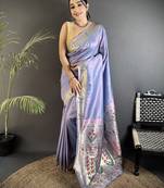 lavender lichi silk blend floral ikkat motifs zari weaving paithani saree