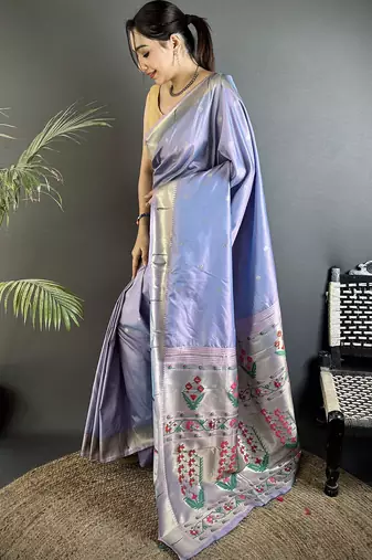 lavender lichi silk blend floral ikkat motifs zari weaving paithani saree