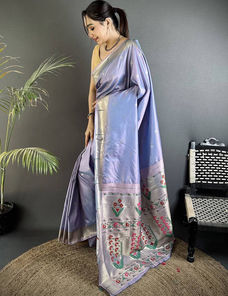 lavender lichi silk blend floral ikkat motifs zari weaving paithani saree
