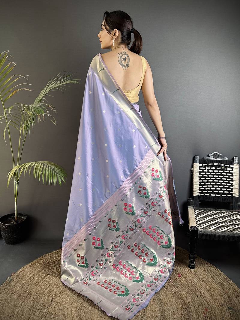 lavender lichi silk blend floral ikkat motifs zari weaving paithani saree