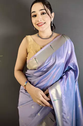 lavender lichi silk blend floral ikkat motifs zari weaving paithani saree