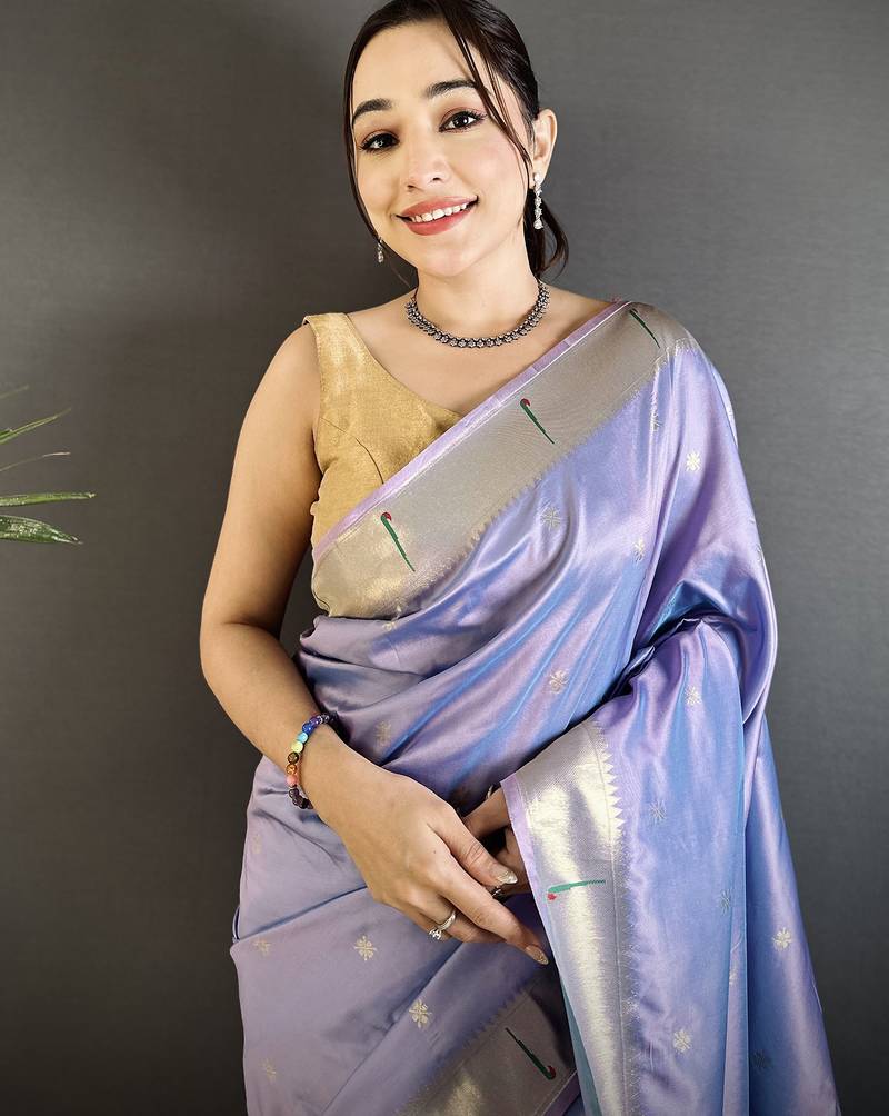 lavender lichi silk blend floral ikkat motifs zari weaving paithani saree