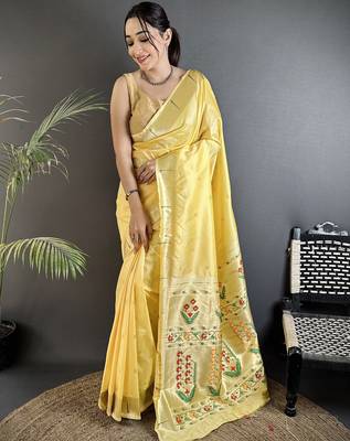light yellow lichi silk blend floral ikkat motifs zari weaving paithani saree 1