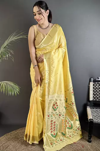 light yellow lichi silk blend floral ikkat motifs zari weaving paithani saree