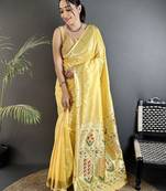 light yellow lichi silk blend floral ikkat motifs zari weaving paithani saree