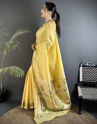 light yellow lichi silk blend floral ikkat motifs zari weaving paithani saree 2