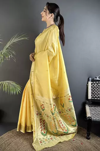 light yellow lichi silk blend floral ikkat motifs zari weaving paithani saree