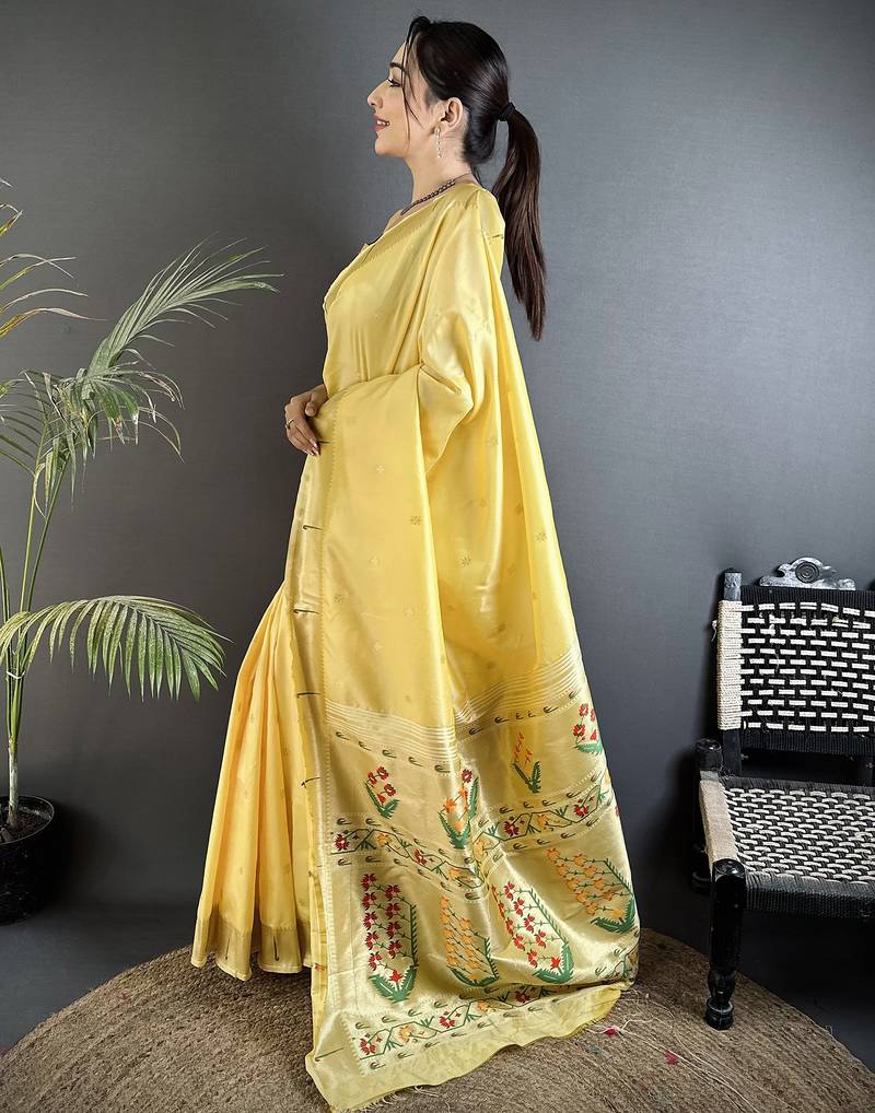 light yellow lichi silk blend floral ikkat motifs zari weaving paithani saree
