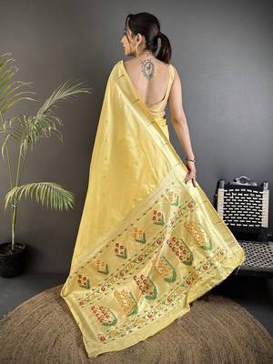 light yellow lichi silk blend floral ikkat motifs zari weaving paithani saree 3
